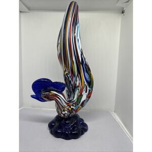 Vtg Murano Style Blown Blue Art Glass Rooster Colorful Bird 7" Figurine Nice